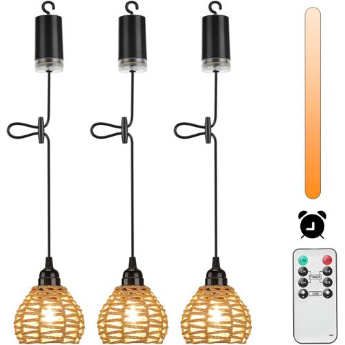 Lot De 3 Suspension Luminaire Exterieur Rotin Dimmable Suspensions D'éclairage Intérieur Avec Batterie Télécommande Piles Ip65 Portable Minuterie Pour Jardin,Camping Étanche,Chambre