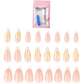 Jum-Coffret De 24 Faux Ongles Courts French Tip Amande¿Motif Fleurs Jaunes,Avec Trousse Demanucure 