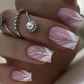 Jum-24pcs Françaismoyen Carré Nu Rose Ongles Fleurs Blanches Amour Cristal Faux Ongles Acrylique Art Dégradé Faux Ongles Collés Sur Les Ongles Des Femmes Et Des Filles(A) 