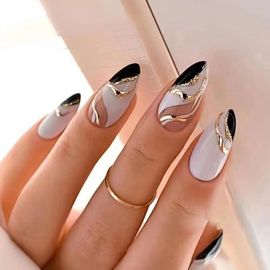 Jum-Lot De 24 Faux Ongles À Presser En Forme D'amande,Courts,Moyens,Blancs,Noirs,À Coller Sur Les Ongles Avecmotif À Rayures Dorées Scintillantes 