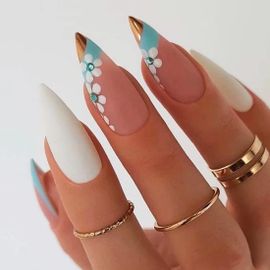 Jum-24 Pcs Amande Faux Ongles Fleur Faux Ongles Strass Faux Ongles Rose-Blanc Avec Bleu Faux Ongles Couverture Complète Stick On Nails Art Pour Femmes Et Filles Décoration Quotidienne 