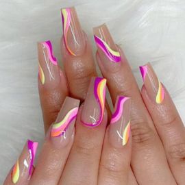 Jum-Cercueil Brillant Faux Ongles Long Rose Français Faux Ongles Ligne Ondulée Presse Sur Ongles Ballerine Acrylique Bâton Sur Ongles Pour Femmes Et Filles(24pcs) 