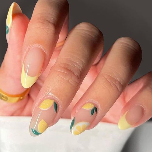 Kal-Summer Press On Nail, Faux Ongles Citron Moyen, Alomnd Jaune Pleine Couverture Faux Ongles Autocollant Sur Ongles Amovible Nail Tips French Tip Stick On Nails Pour Femmes Et Filles 