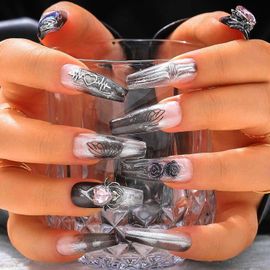 Jum-Cristal Long Cercueil Fait À Lamain Clous À Presser Fleur 3d Pierre De Rhin Faux Ongles Paillettes Papillon Peint Faux Ongles Pour Femmes Et Filles 10pcs(3) 