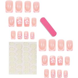 Jum-24pcs Petits Ongles Carrés Press On,Faux Ongles Créatifs Avec Fleurs Épanouies,Ongles Artificiels À Coller,Ongles Courts Faux,Embouts De Faux Ongles(Courts) 