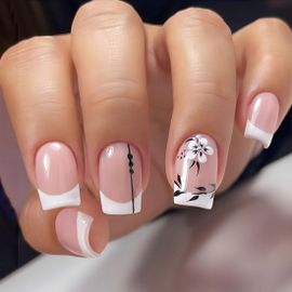 Jum-24pcs Français Court Carré Faux Ongles Nu Fleur Rose Faux Ongles Strass Papillon Presse-Ongles(Couleur Rose1) 