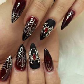 Jum-Toile D'araignée Gothique Avec Araignée Enmétal,Faux Ongles Détachables Pour Femme-Noir Foncé Et Rouge 