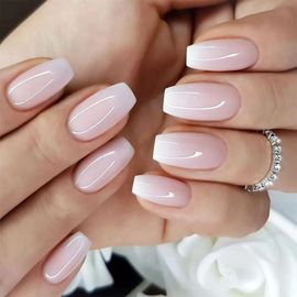 Jum-Faux Ongles Autocollants,Faux Ongles Naturel Long Rose Blanc,Faux Ongles Avec Colle Cercueil Bâton Femme Fille,Idée Cadeau Noël Nouvel An Saint Valentinmariage 