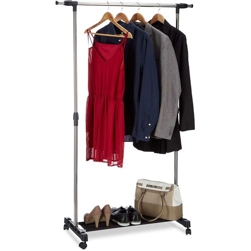 MAAS-, argenté Portant à roulettes, Porte-manteaux roues armoire mobile trigle rangement, H réglable 96-162 cm, inox, plastique, tissu, 162 x 151 x 50 cm