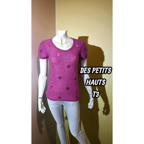 Des Petits Hauts Taille 40 Superbe Pull Rose Manches Courtes Laine Mélangée