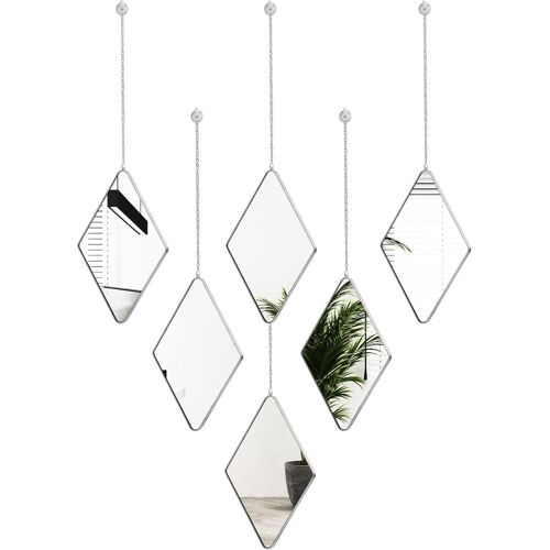 Set of 6 Packs Diamond Wall Mirrors Hanging with 2 Screwdrivers Mirror Chain Decorative Silver Frame Wall Decoration Mirror for Living Room Entrances Bathroom, 27.5 x 17 cm