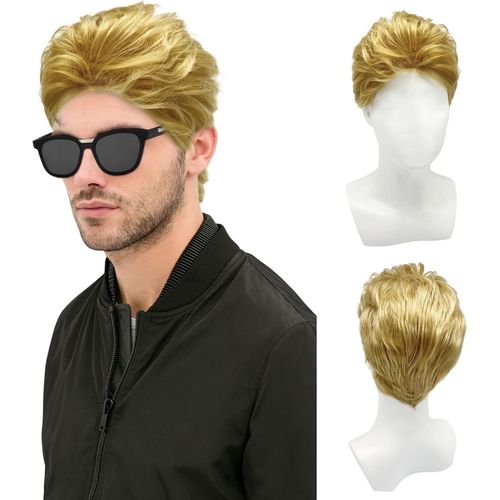 Kalanka-Blond Courte Perruque Pour Homme, Postiche Naturelle Moelleuse, Noir Couche Vague Perruques Pour Hommes Avec Frange Disco Perruque Punk Rock Halloween Cosplay Costume De Fête Quotidien (Blond