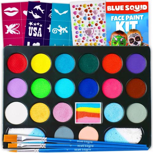 KALANKA-Palette Maquillage Enfants, 24 Couleurs Kit Maquillage Enfant, Lavable Peinture Visage Enfant, Avec 3 Pinceaux, 24 Pochoir, Maquillage Enfants Carnaval Halloween Cosplay Fête D'anniversaire
