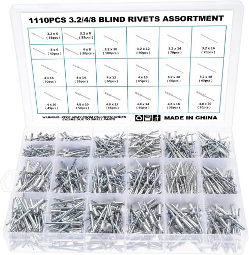 VornixorSarlshop1110 Pièces Rivets Aveugles en Aluminium 3,2/4/4,8 mm, 20 Tailles Kit d'Assortiment de Rivets Pop avec Boîte de Rangement pour Métal Bois Plastique