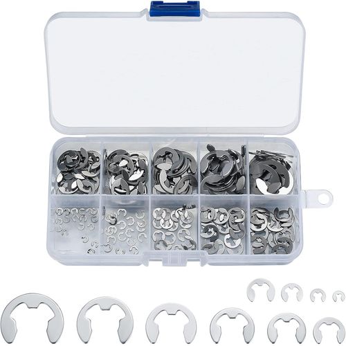 ASFASFq-200 Pièces Anneaux de Retenue E-Clip, Rondelles de Blocage en Acier Inoxydable pour Arbres, Kit d'Assortiment de Circlips Internes et Externes, M1.5/M2/M3/M4/M5/M6/M7/M8/M9/M10