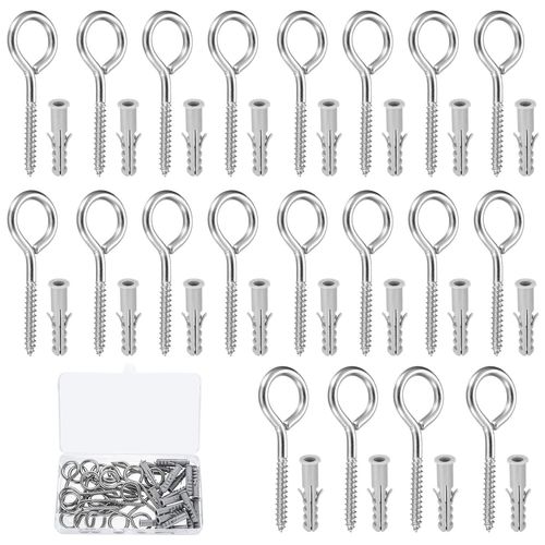 ASFASFq-21 Pcs Crochets Vis à ?illets à Vis, M5 x 70 mm Crochet à Visser, Crochet de Plafond Bois, Crochets à Visser Charge Lourde en Acier Inox pour Paniers à Plantes Tasse + 21 Chevilles