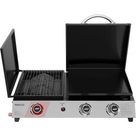 ASFASFq-3 Brûleurs Barbecue Gaz Portable, 3 en 1 Plancha et Grille en Émaillés Combinés avec Couvercle Multifonctionnel, Puissance 8.5kW Propane, Adapté pour le Camping et l' Extérieur, Noir