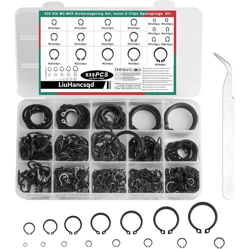 ASFASFq-535 Piezas Circlips Exterieur, Circlips Assortiment, Anneau de Retenue Externe Snap C-Clips Interne E-clips Kit, pour Goujons Arbres Rainurés, Taille 19/Noir