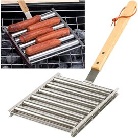 ASFASFq-Hot Dog Roller Support à saucisses avec poignée en bois extra longue, barbecue pour chiens cuits uniformément, 5 capacités, argenté