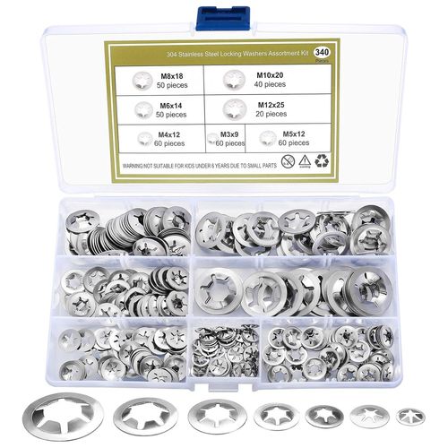 ASFASFq-Lot de 340 rondelles de sécurité, rondelles à verrouillage rapide à dents intérieures, kit assortiment de circlips - M3/M4/M5/M6/M8/M10/M12, couleur argent