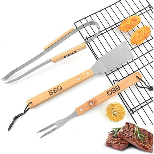 Set d'ustensiles de barbecue avec pince à barbecue, ensemble d'ustensiles de barbecue avec poignées en bois, convient pour les barbecues, les réunions de famille