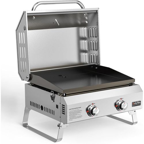 ASFASFq-Barbecue à Gaz 2 Brûleurs en Acier Inoxydable, Barbecue de Table avec Couvercle et Plaque de Gril en Céramique, Zone de Cuisson 45,8x36CM, pour Camping et l' Extérieur