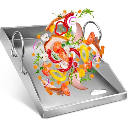 ASFASFq-Plaque de cuisson en acier inoxydable - 4 mm - 40 x 30 cm - Pour barbecue à gaz et charbon - Avec poignée amovible - Coins fermés sans fuite - Pour hamburgers
