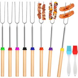 ASFASFq-Lot de 8 Brochettes Télescopiques en Acier Inoxydable, Réutilisables Brochettes pour Barbecue avec 2 pinceaux à huile, Hot Dog Fourchette Avec Manche En Bois, Convient Pour Feu De Camp, Barbe
