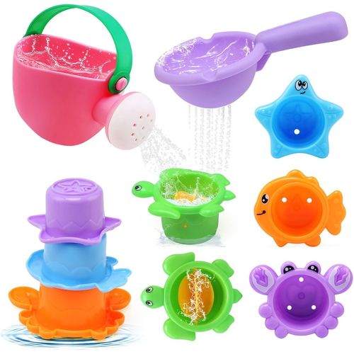 ASFASFq-Jouets de Bain pour Bebe, Jouet Bain Bebe 1 an, Jeux de Bain Bébé Enfant 1 2 3 Ans, Jouets d'Éveil Cadeau Bebe 1 an pour Garçons et Filles avec Cuillère et Tasses d'animaux Marins
