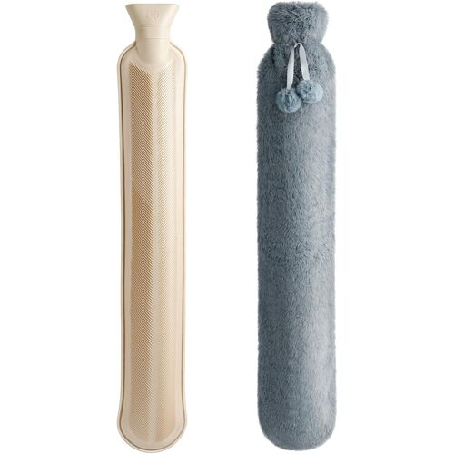 Bouillotte Longue 2l-75cm- Taille Moyenne Avec Housse En Poil De Lapin Imitation Gris, Pour Chaud Main, Ventre, Dos, De L'Hiver