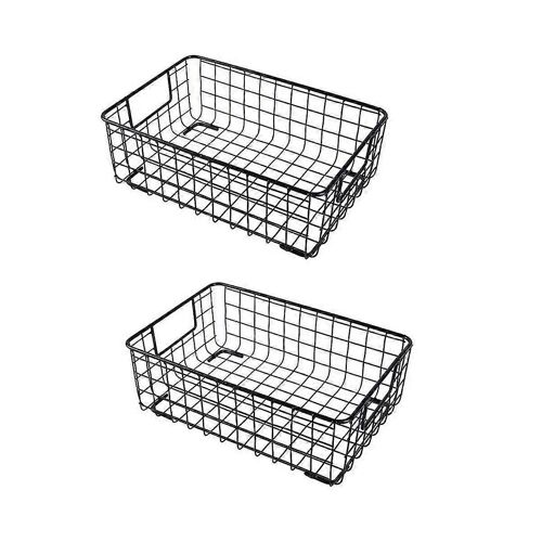 Lot de 2 paniers de rangement en fil métallique avec poignée, en fer forgé, pour articles divers, pour la cuisine, noir