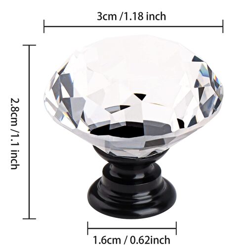 Lot de 20 poignées de porte de placard, tiroir, armoire ¿ Verre cristal transparent, diamant + base noire ¿ 30 mm