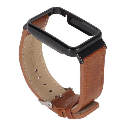 Bracelet De Montre De Rechange Étanche En Cuir Synthétique Avec Boîtier En Acier Inoxydable Noir Pour Mi Band 7 Pro, Marron