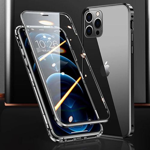 360 ° Coque De Téléphone À Verrouillage Magnétique En Métal,Protection Complète,Étui Pare-Chocs En Verre Double Face Pour Iphone 16 Pro Max 14 13 12 15 Pro Max-Pour Iphone 12-Black