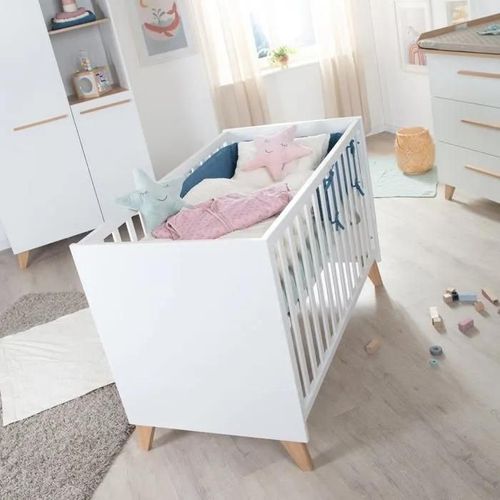 Lit Bébé 60 X 120 Transformable En Cododo Roba - Leon - 6 Niveaux De Hauteur - Pieds En Bois Massif - Blanc