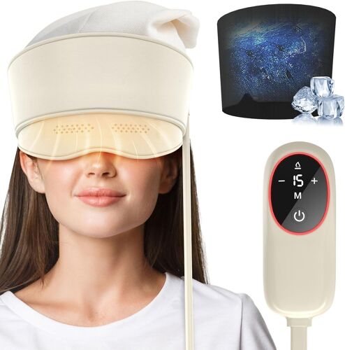 Masseur De Tête Capuchon Avec Compresseur D'airbag, 3 En 1 Massage Tete Mit 3 Chauffage Et Compression À Froid Pour La Tête Le Cou Et Les Yeux, Cadeaux Pour Meres Papa Femme Homme (Ivoire)