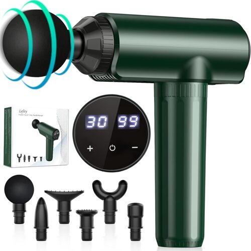 Pistolet De Massage Avec 30 Niveaux Réglables Et 6 Têtes De Massager Professionnel Avec Écran Lcd, Pistolet De Massage Musculaire Pour Soulager Les Douleurs Musculaires (Vert Intense)