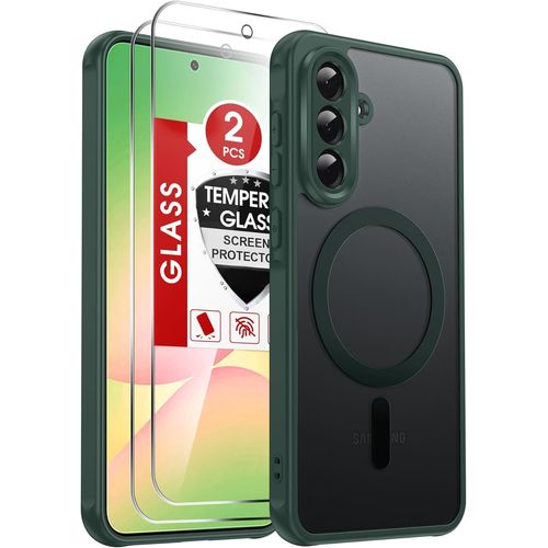 Coque Magnétique Pour Samsung Galaxy A56 5g, Avec 2 Verre Trempé,Compatible Avec Magsafe,Étui Housse Antichoc Bumper Tpu Dos Translucide Mat Fine, Vert