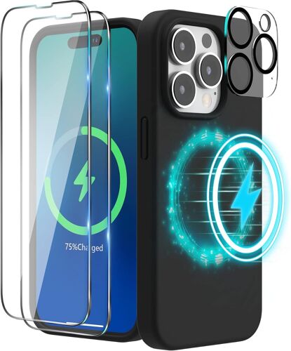 SJZG-Silicone Coque Conçu Pour Iphone 14 Pro Max, Compatible Avec Magsafe, Avec 2 Protections D'Écran + 1 Potection D'Objectif Silicone Liquide Etui Pour Iphone 14 Pro Max 6.7, Nior