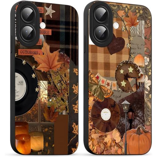 Kalanka-2 Pi¿¿Ces Automne Halloween Coque Pour Iphone 16 Plus 6,7'', Etui Silicone Autumn Fall Citrouille Feuille D'¿¿Rable Collage Aesthetic Motif Design Cam¿¿Ra Protection Antichoc Housse Fille Case