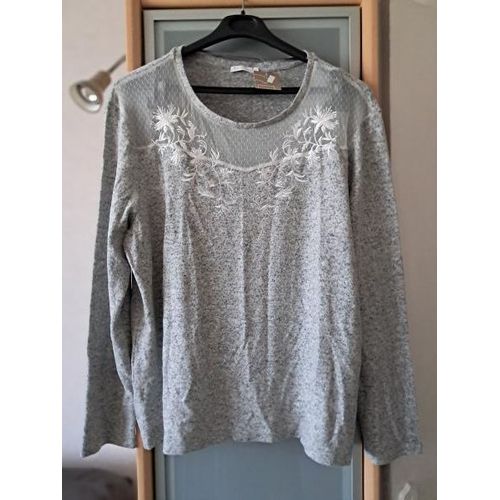 Pull Léger Neuf Taille 46-48 Gris Brodé Gémo