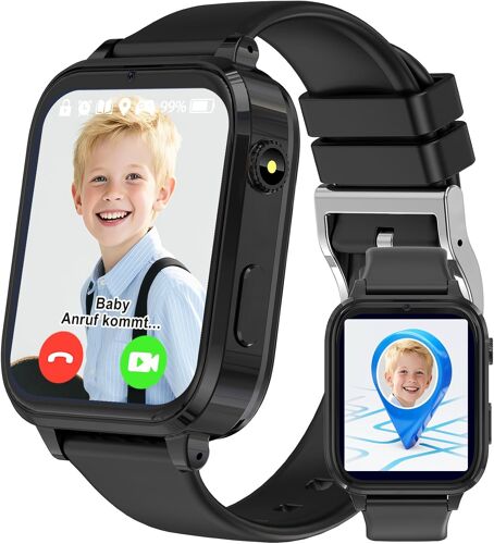 Montre Connectée Enfant GPS - Montre Enfant Garçon/Fille 4G avec Appels Vidéo, Appel Vocal, Localisation en Temps Réel, SOS Urgence, Jeux, Podomètre, Musique et Caméra (Black)