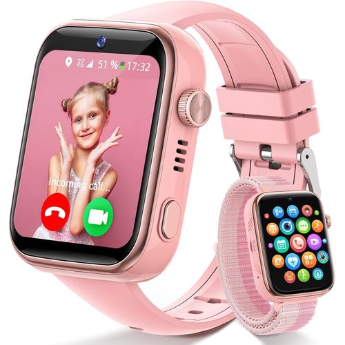 4G Montre Connectée Enfants, IP68 Étanche Montre Telephone Enfant avec Appels, Appels Vidéo, Chat Vocal, WhatsApp, Wi-FI, GPS, SOS, Mode École, Podomètre, Dormir Smartwatch pour Filles et Garçons Rose