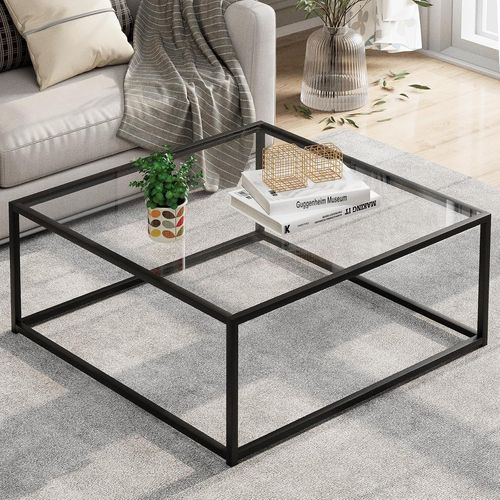 Table Basse Carrée En Verre Noir-Table D'appoint Pour Salon,Bureau-Structure En Métal-67x67x40 Cm