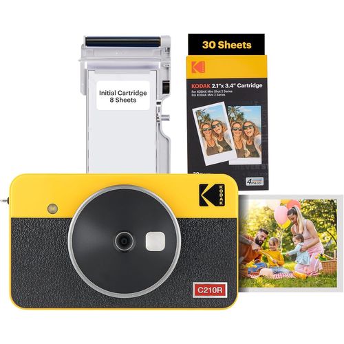 Mini Shot 2 Retro 4Pass Appareil Photo Instantané 2 En 1 Avec Imprimante Photo (5,3X8,6 Cm) Et 1 Paquet De 38 Feuilles (8 Feuilles Initiales+Paquet De 30 Feuilles),Jaune