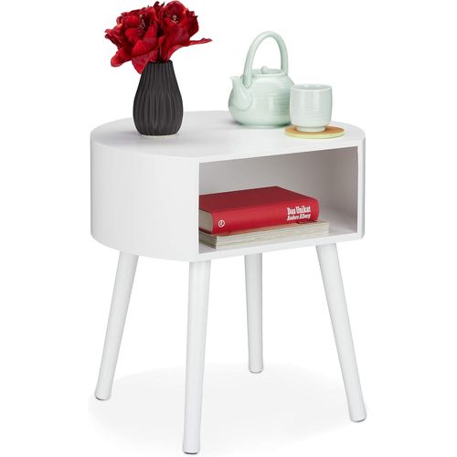 Table D¿Appoint, Table De Chevet Ronde Casier, Pieds En Bois, Design Simple, Hxlxp 47,5 X 46 X 40 Cm Blanche