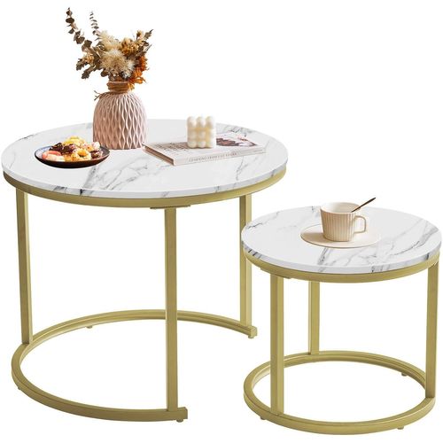 Lot De 2 Tables Basses Gigognes,Rondes Table D'appoint,Tables Gigognes,Pour Salon,Salle À Manger,Chambre,Balcon,Blanc Et Doré Tmj062g