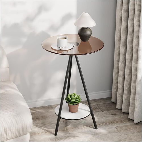 Table D'appoint Ronde À 2 Niveaux,Table D'appoint Ronde Avec Dessus En Verre Trempé,Tables De Chevet En Métal,Petite Table D'appoint Pour Salon,Chambre À Coucher (Verre Marron)
