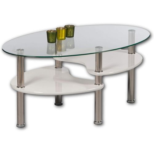 Panty Basse Ovale Deux Étagères En Blanc Brillant¿Table En Verre Spacieuse Pour Votre Salon,Bois,90x42x55 Cm