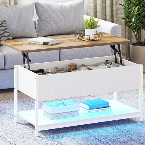 Table Basse Relevable,Table De Salon Avec Led Rgb Modern Et La Prise,Avec Plateau Élévateur Et Rangement Caché Pour Salon,Bureau,100x50x48cm